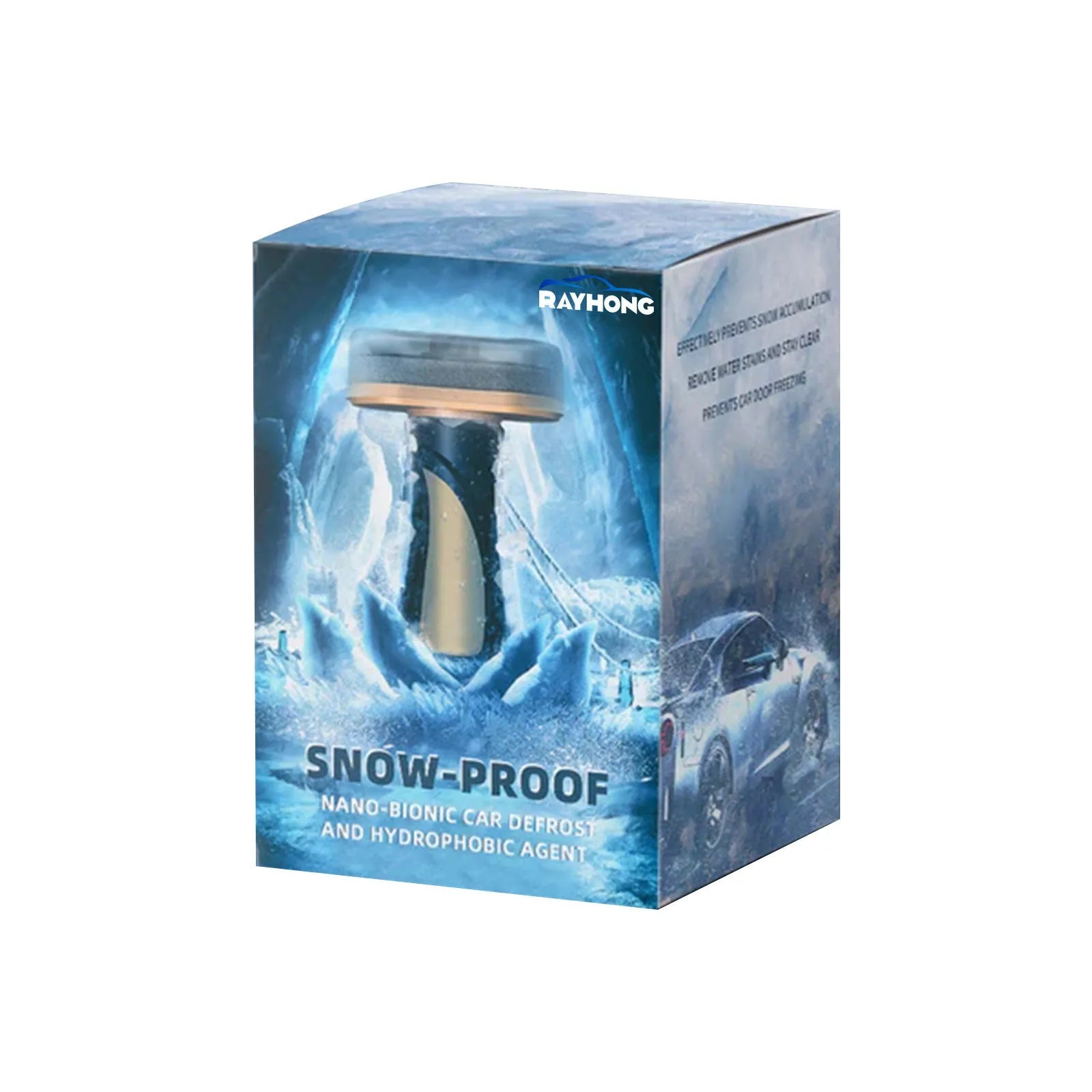 Compact PE plastic car snow brush with hydrophobic nano coating spray, measuring 5x9x14cm.