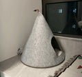 Grey handmade felt cone cat house measuring 50cm diameter by 51cm height
