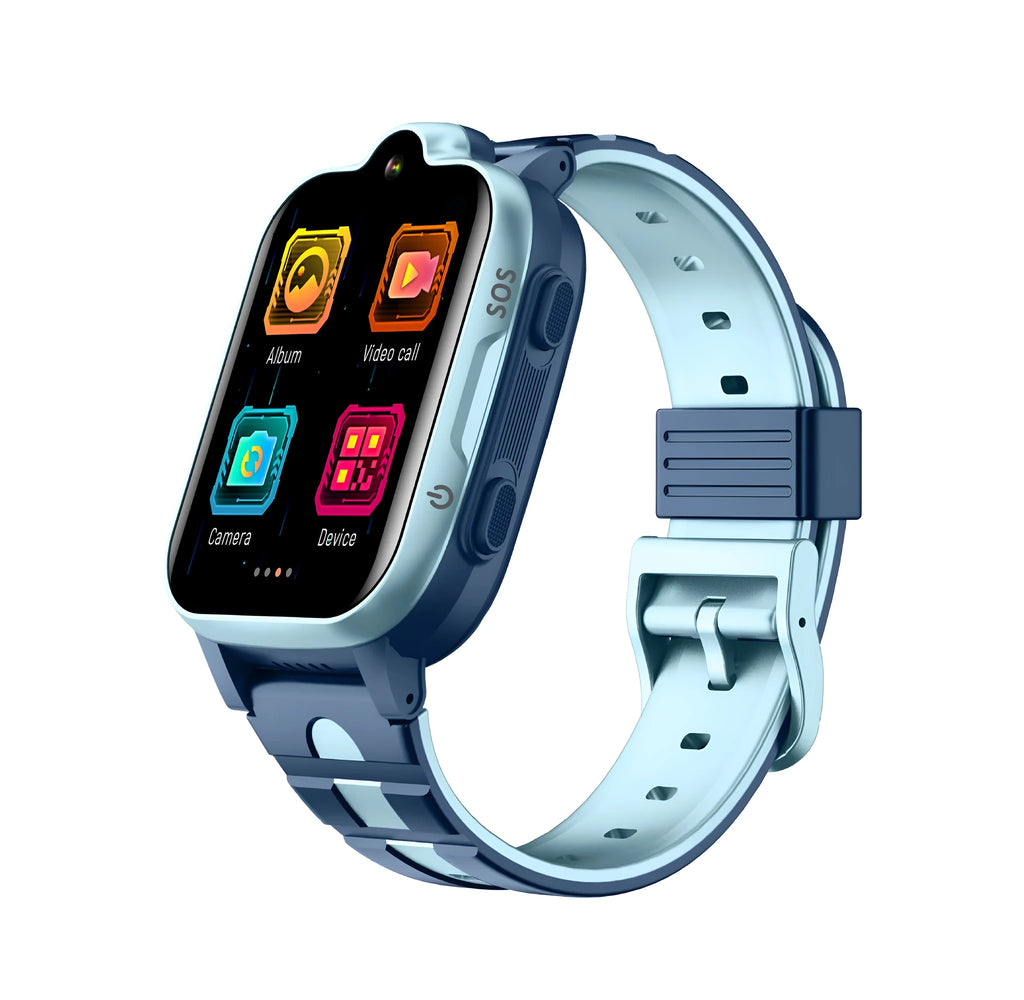 Children's 4G GPS locator video call watch with 1.66-inch touch screen, silicone strap, available in pink, blue, and black