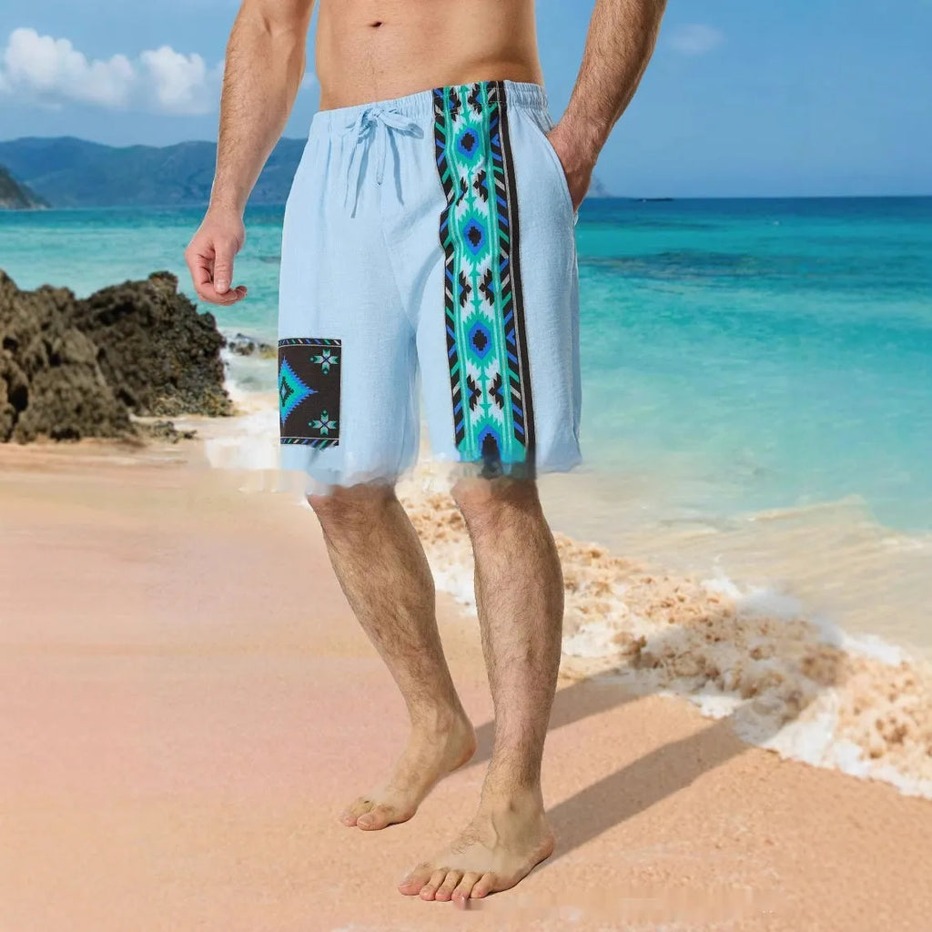 Men's blue colour block digital print casual shorts with drawstring waist on neutral background