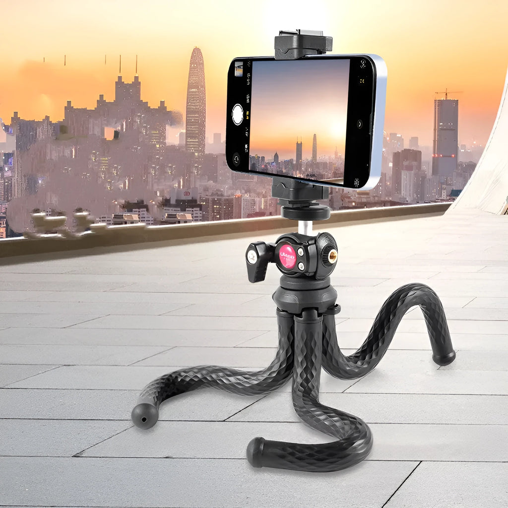 Black flexible octopus tripod with phone clip, extended to 360mm length.