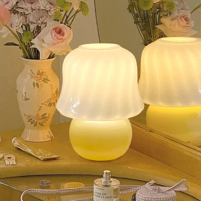 Cream handmade glazed glass mushroom table lamp, 22cm diameter 29cm height, E27 bedside light with push button switch