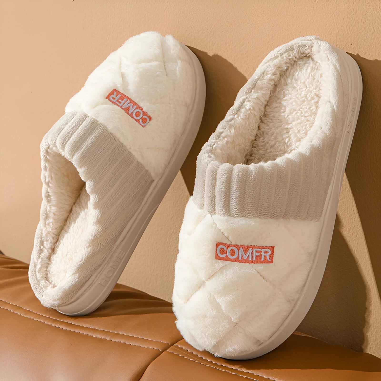 Solid rhombic letter home slippers in thickened artificial plush with EVA non-slip sole and car stitching detail