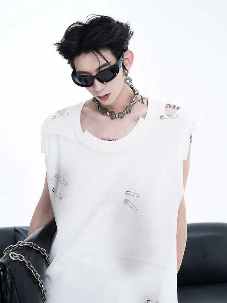 Men's black waistcoat vest with irregular ripped cutting detail, sleeveless t-shirt design