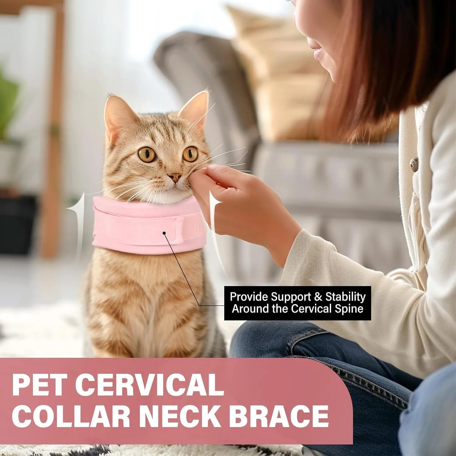 Soft grey cat cone collar neck brace for post-surgery recovery, shown next to a size chart.