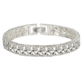 Silver electroplated copper bracelet for women with peach-shaped heart buckle closure on white background