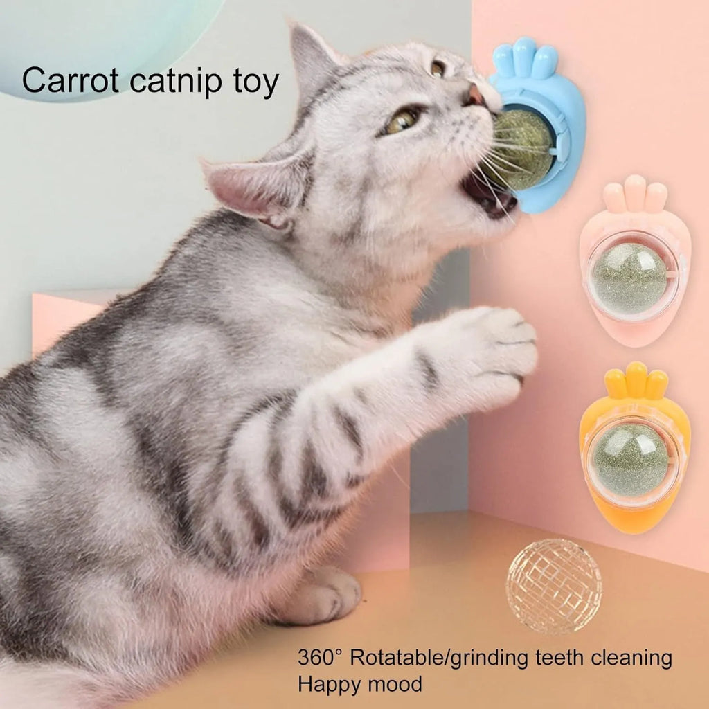 Blue carrot-shaped self-adhesive catnip toy for wall mounting and cat teeth cleaning.