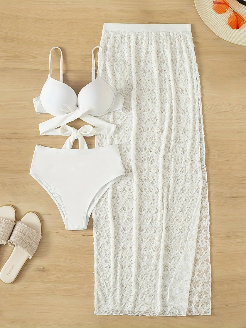White three-piece swimsuit set with gathered long skirt, sleeveless top, and matching bottoms