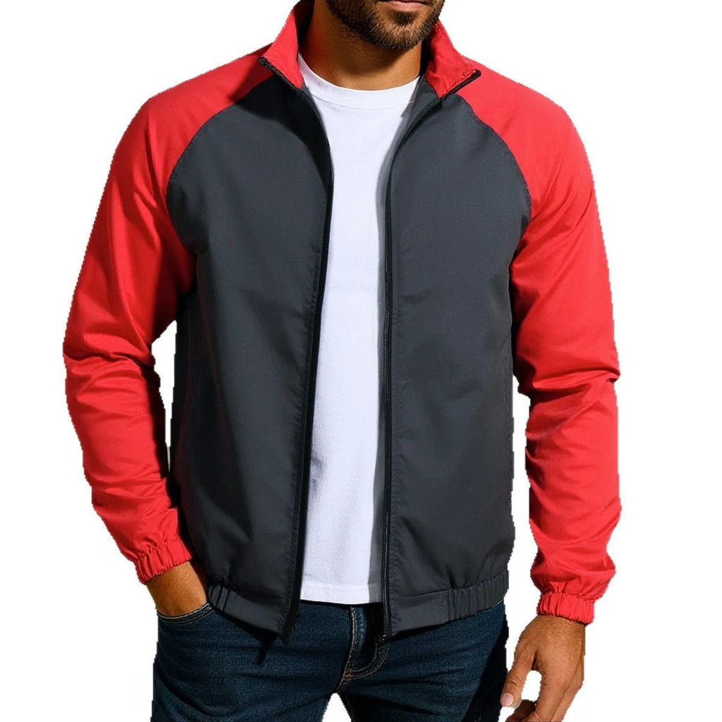 Men's loose fit casual jacket with stand collar and raglan sleeves in green, khaki, or red.