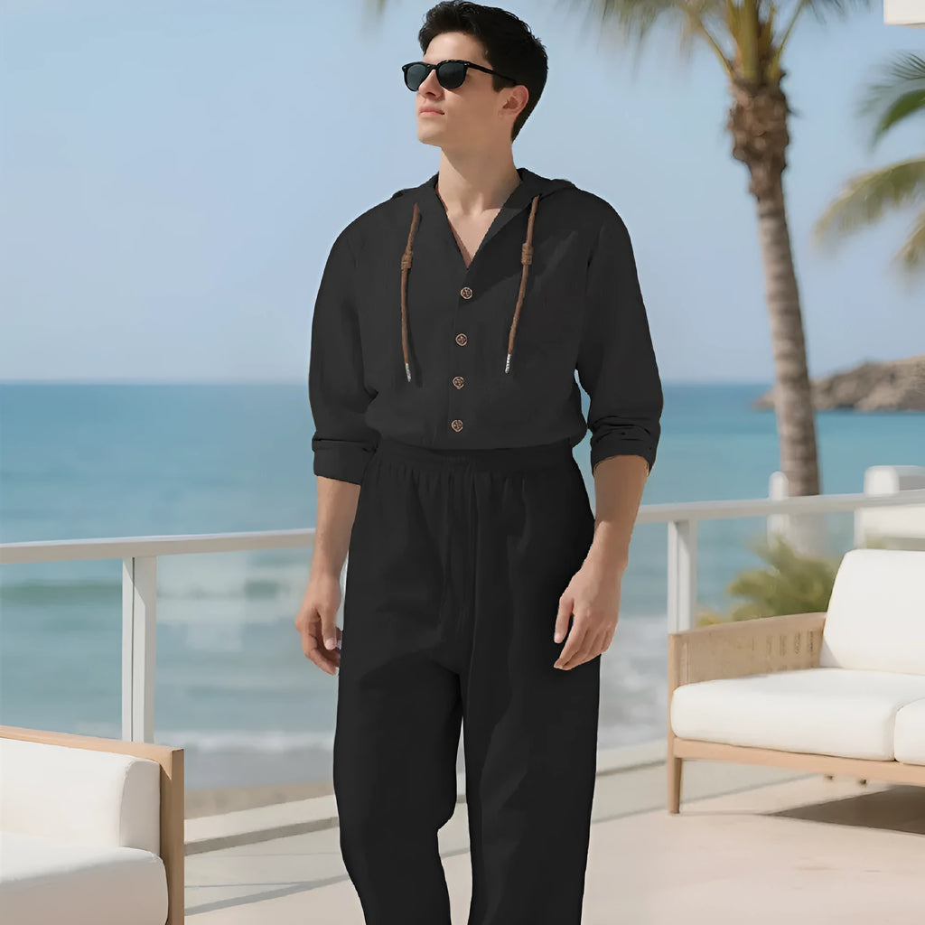 Men's casual cotton sports leisure suit in black, showing long sleeve top and trousers.