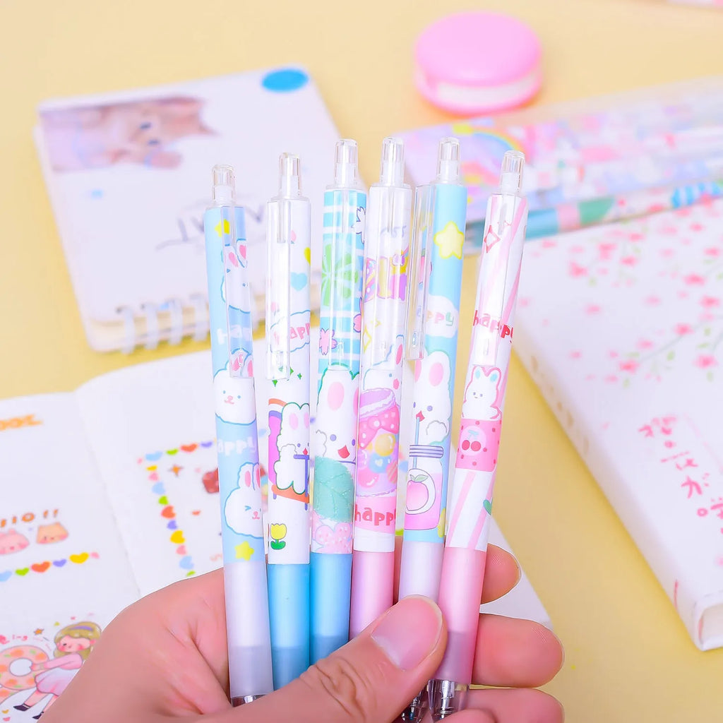 Six Cartoon Bunny Student Stationery Writing Pens with 0.5mm black ink tips in plastic shells