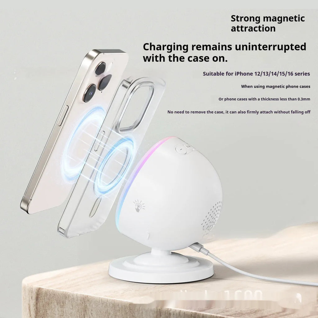 Three-in-one wireless charger with Bluetooth audio and coloured lights in black
