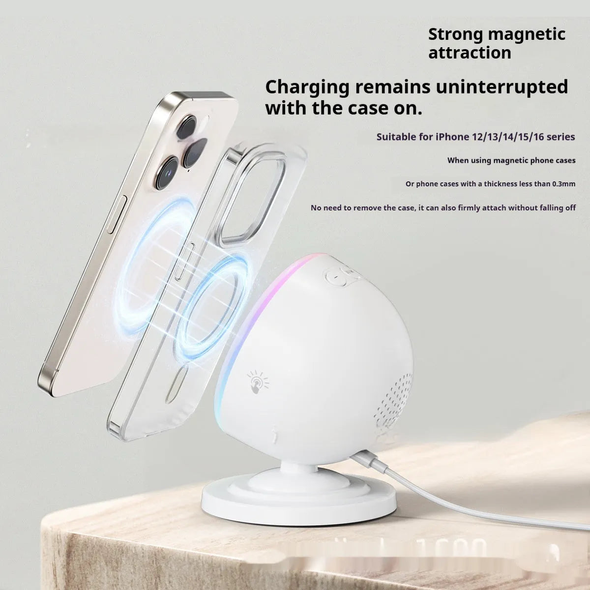 Three-in-one wireless charger with Bluetooth audio and coloured lights in black