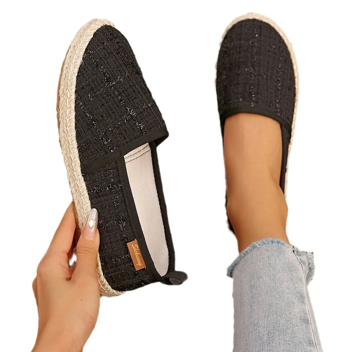 Rope bottom fisherman canvas shoes in black white beige colours with round toe and flat heel