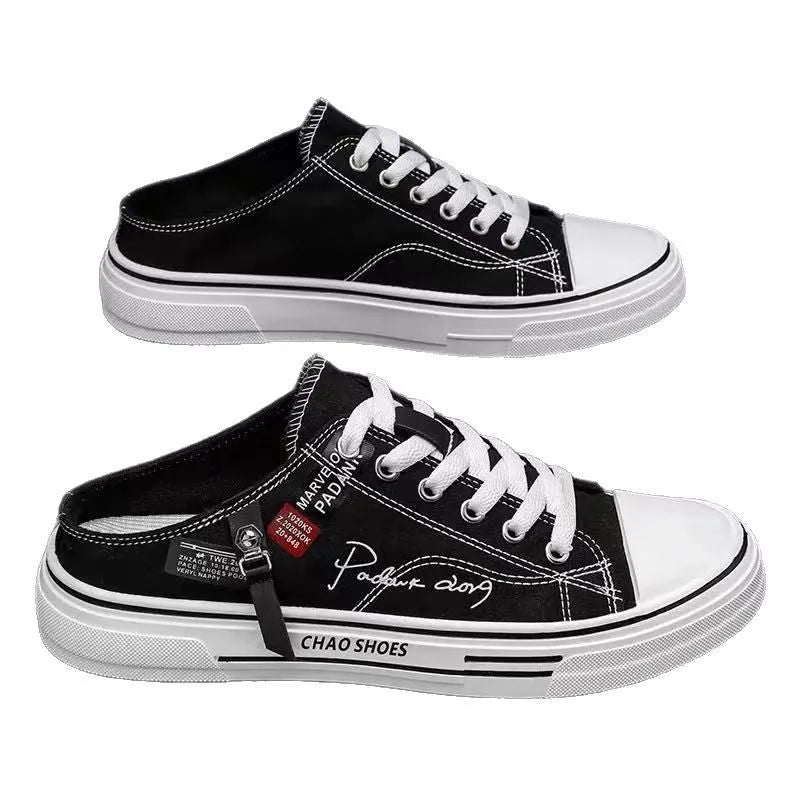 Men's canvas slip-on casual shoes in black or blue with round toe and PVC soles
