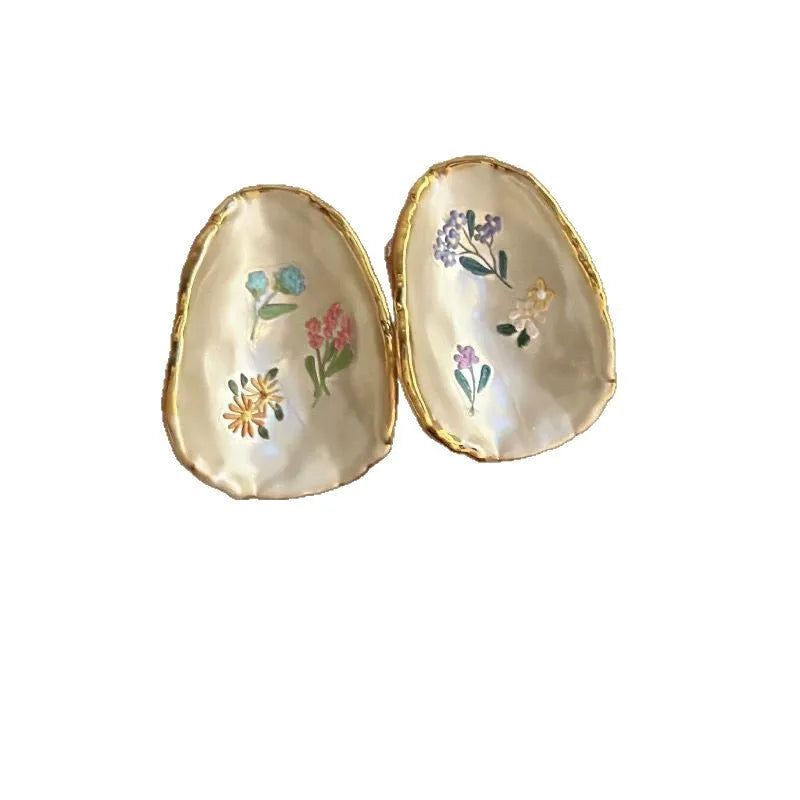 Vintage drip-glaze rose flower earrings, electroplated geometric ear studs in mixed material with zircon and shell pearl options.