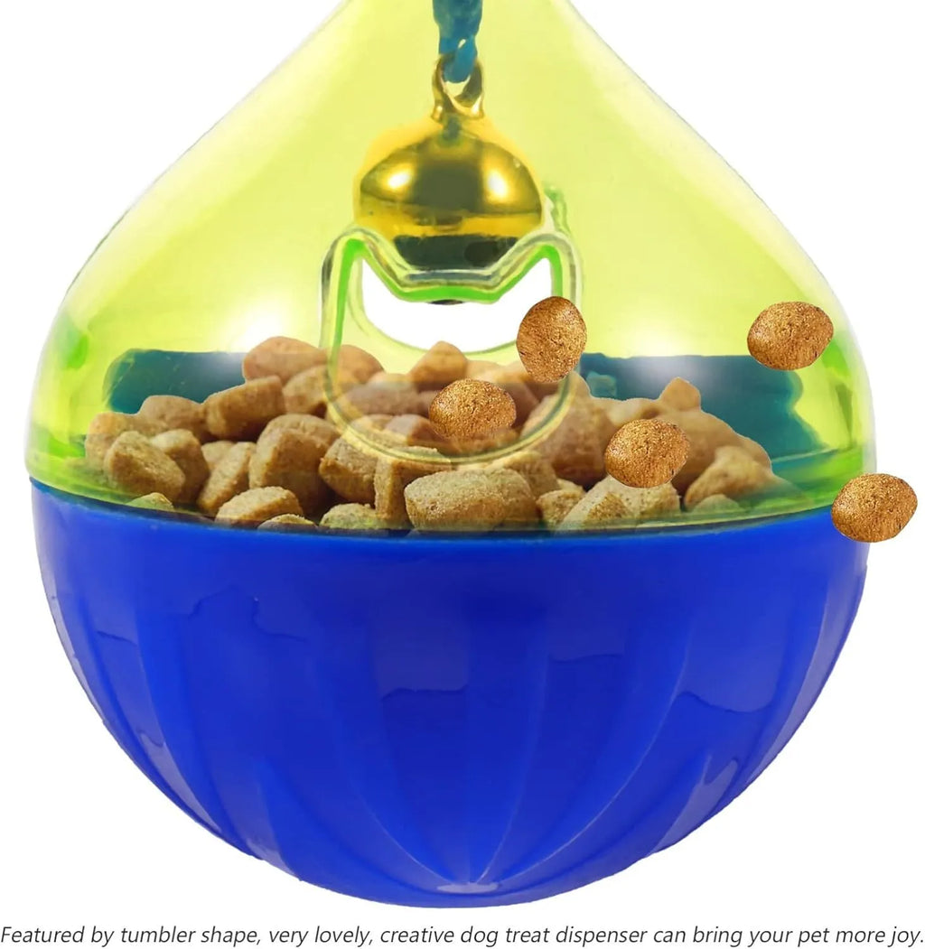 Blue and white tumbler-shaped pet toy for dispensing dog or cat treats during play.