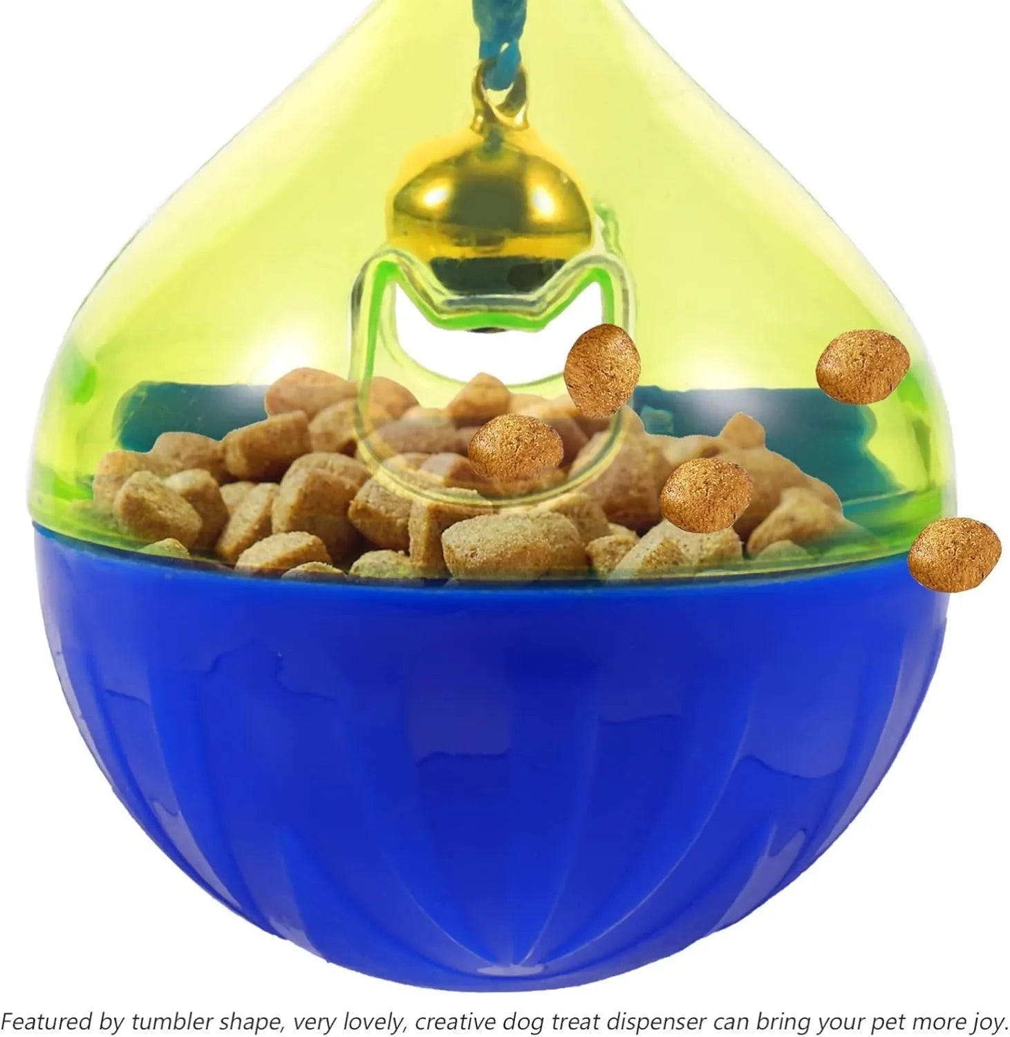 Blue and white tumbler-shaped pet toy for dispensing dog or cat treats during play.