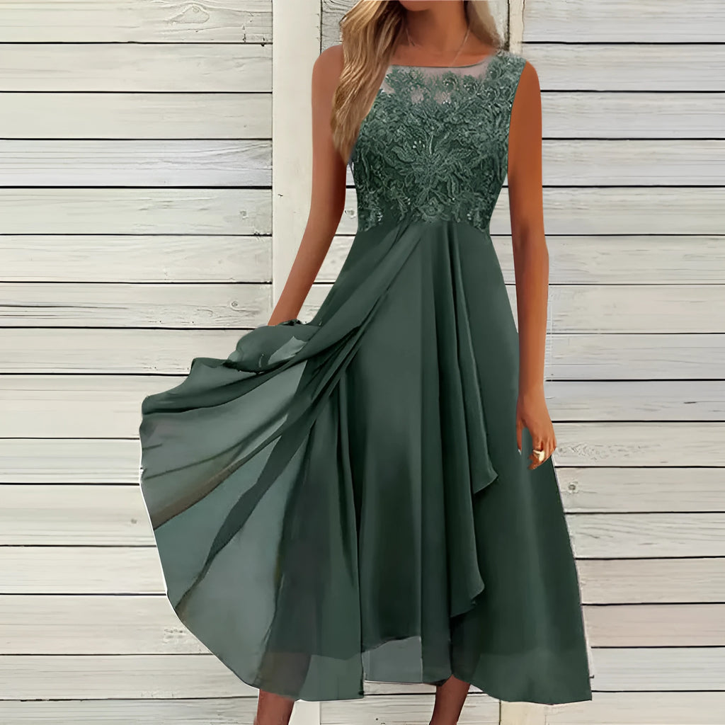 Women's sleeveless mid-length chiffon dress with lace detailing in blue, green, or purple