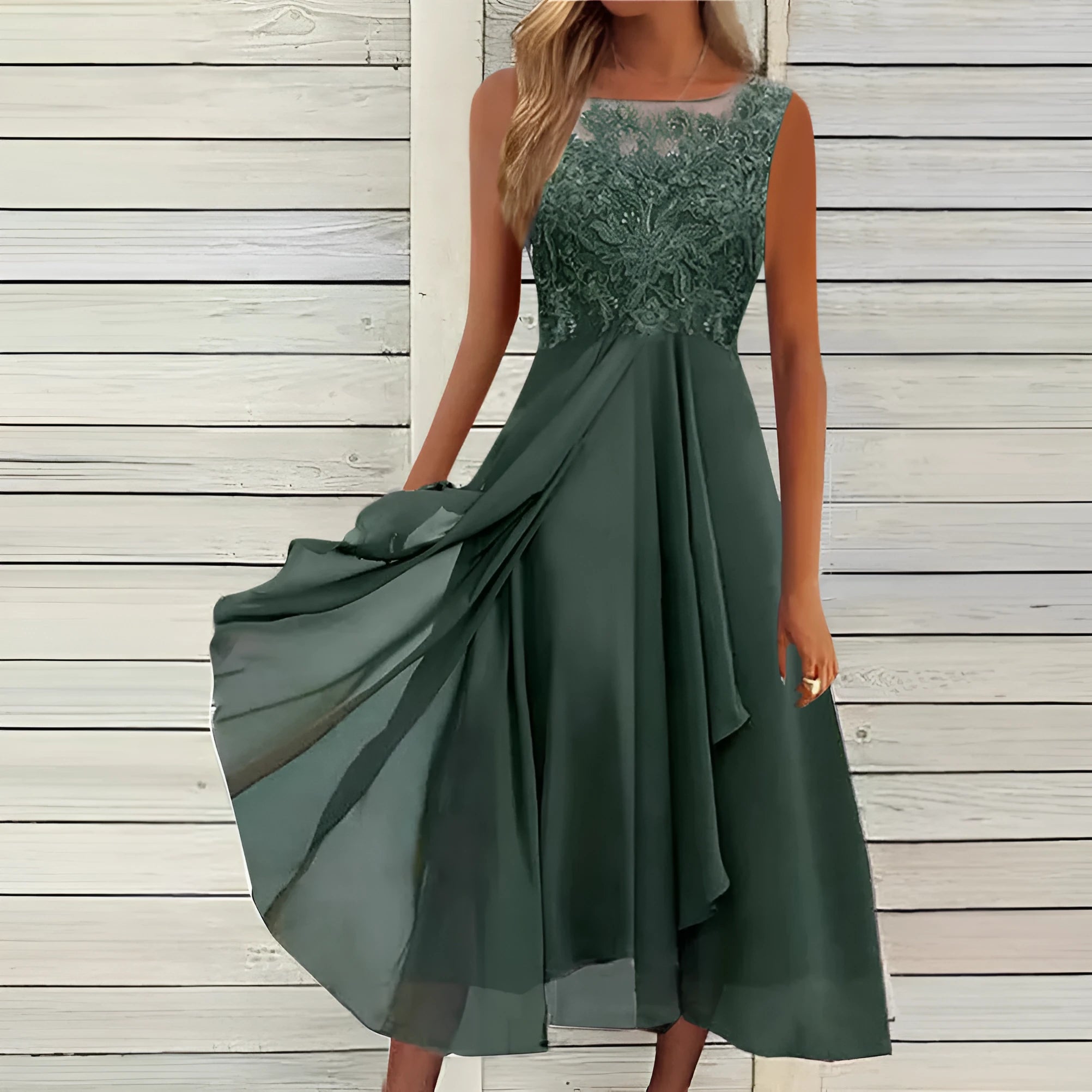 Women's sleeveless mid-length chiffon dress with lace detailing in blue, green, or purple