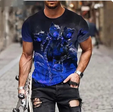 Men's 3D lion printed polyester t-shirt showing detailed graphic design on front