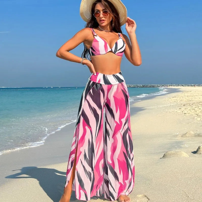 Women's three-piece bikini swimsuit set with quick-drying polyester fabric in leopard print pattern
