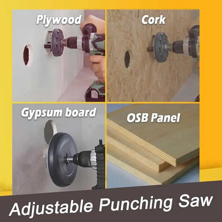 Adjustable punch saw with three blades on plywood showing 45-130mm cutting diameter