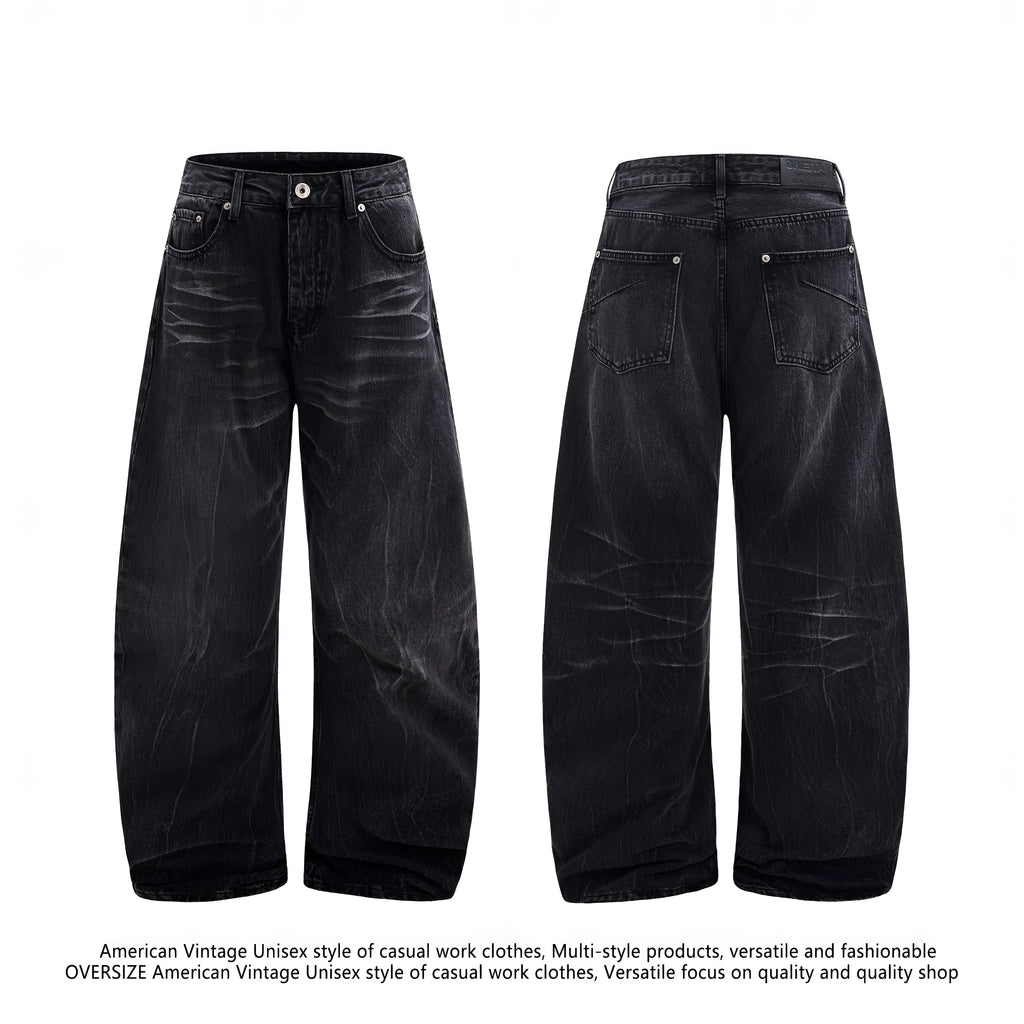 Black straight-leg jeans with lightning crack distressing pattern on knees and thighs