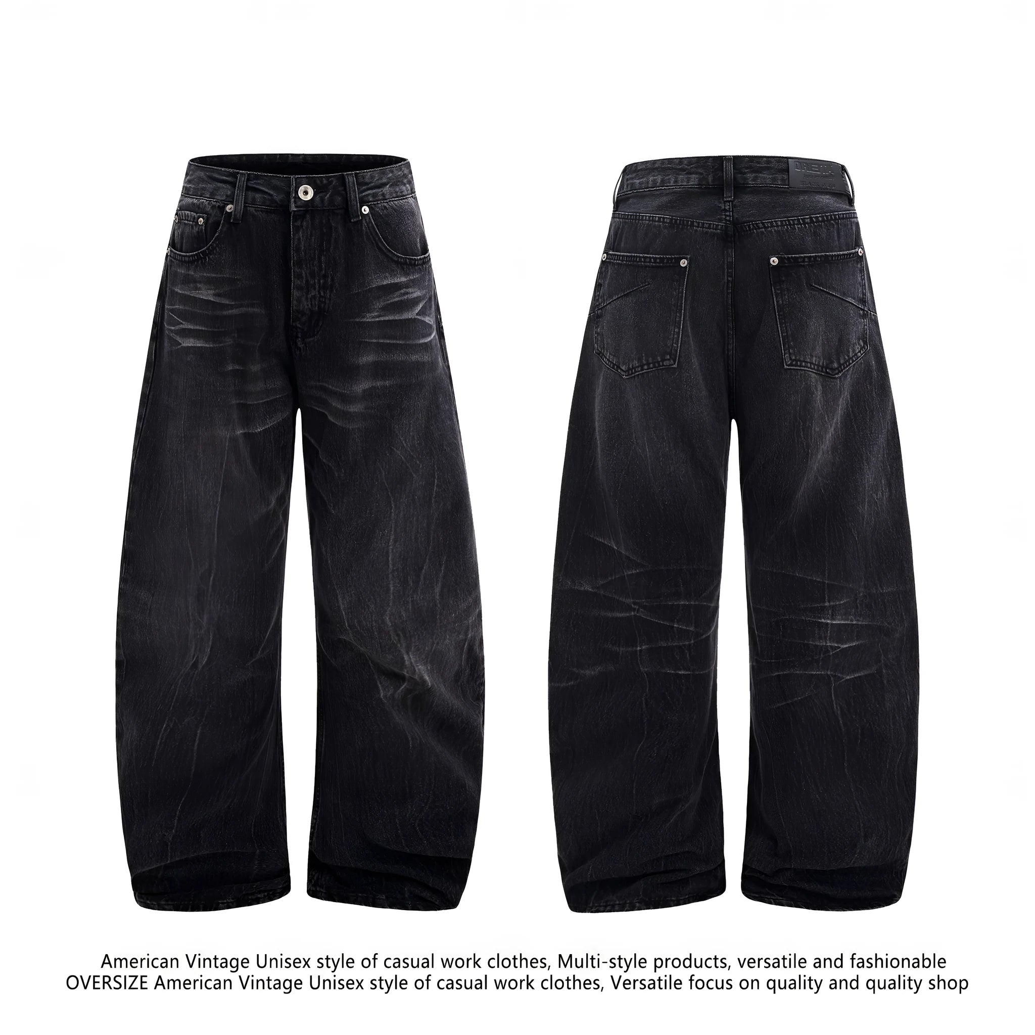 Black straight-leg jeans with lightning crack distressing pattern on knees and thighs