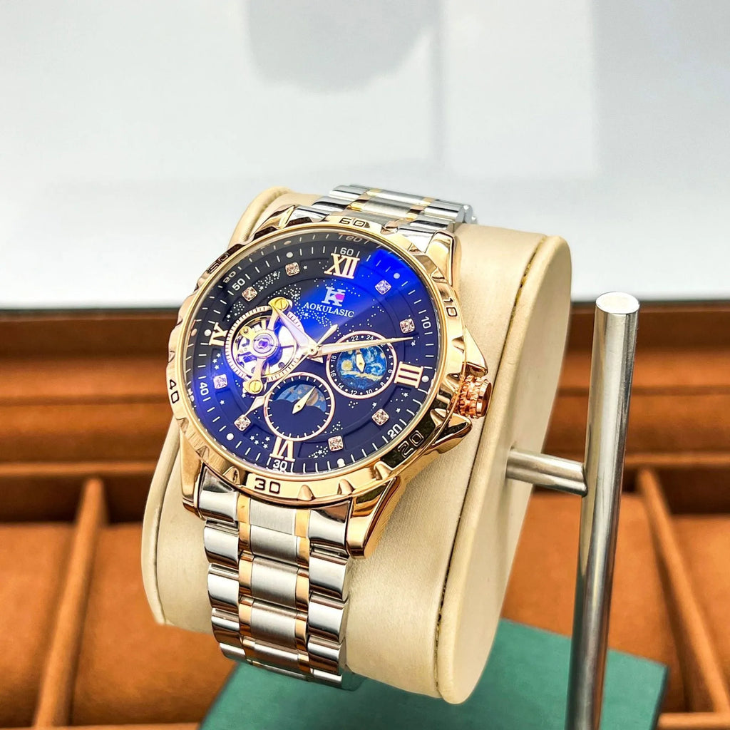 Automatic mechanical men's watch with rose gold shell, black dial, and large multifunctional display.