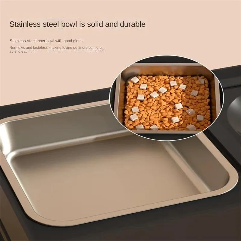 Black adjustable-height dog feeding stand with two stainless steel bowls on a non-slip base