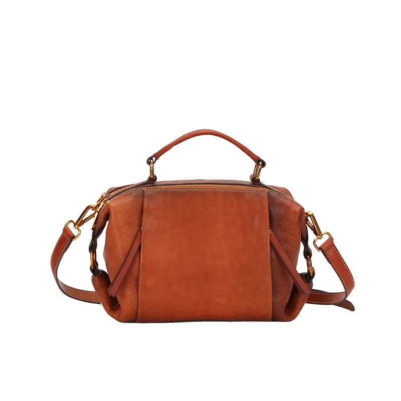 Genuine leather women's shoulder bag in brown, top grain leather, pillow shape, open outer pocket
