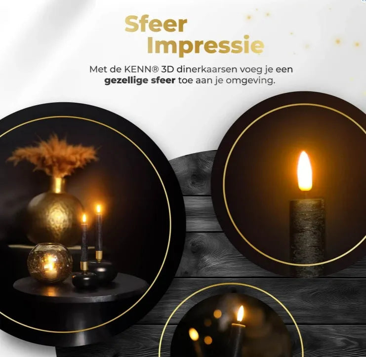 Black LED taper candle with realistic 3D flame effect, 18cm tall