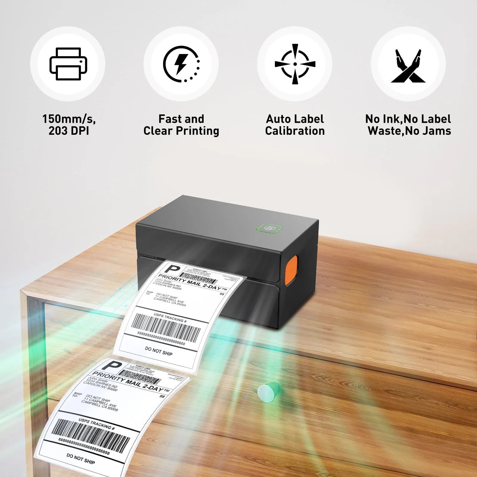 Black thermal label printer for express orders, USB interface, polystyrene plastic and metal body, 2kg, modern style