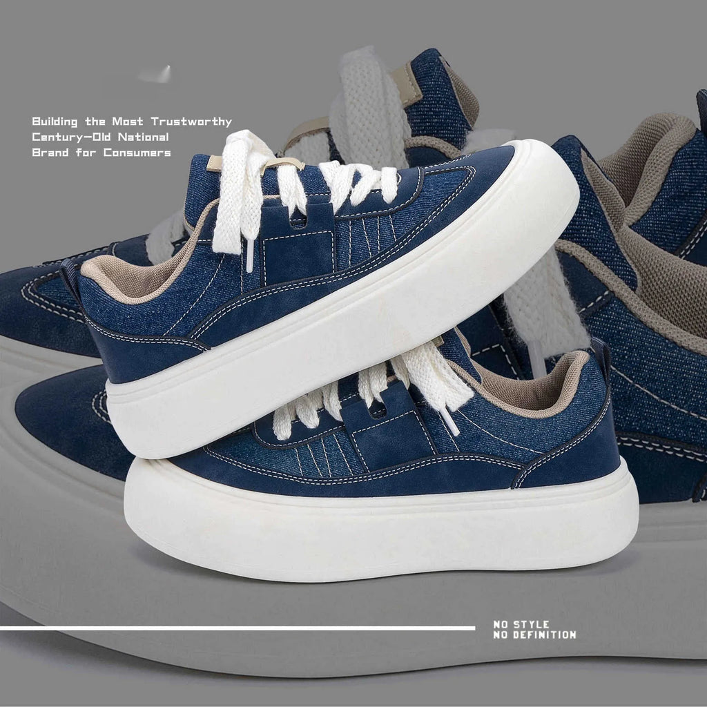 Men's low-top black canvas platform shoes with white raised sole and front lace-up.