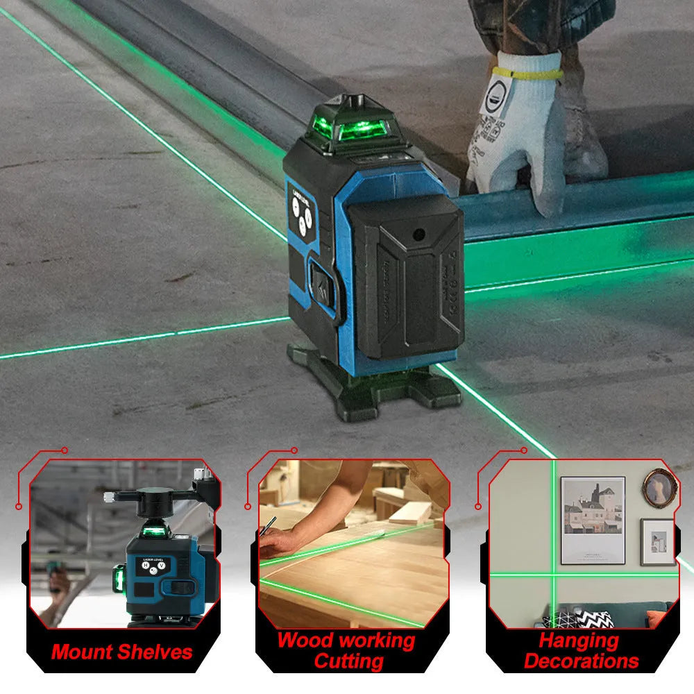 16-line infrared laser level with ABS housing and dual power supply, placed on a floor surface projecting laser lines