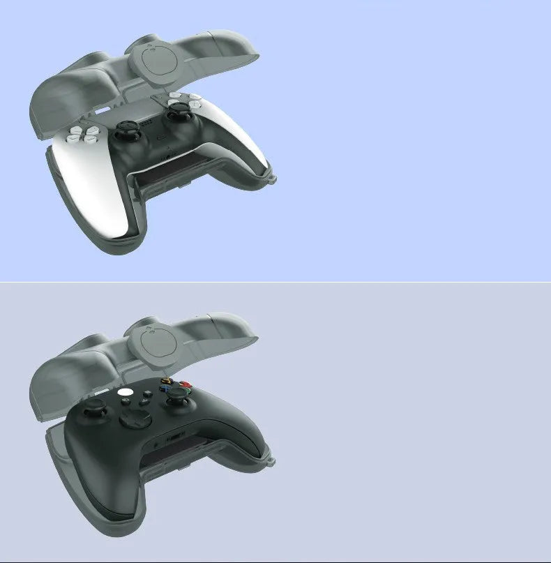Transparent grey hard plastic game controller protective storage case.