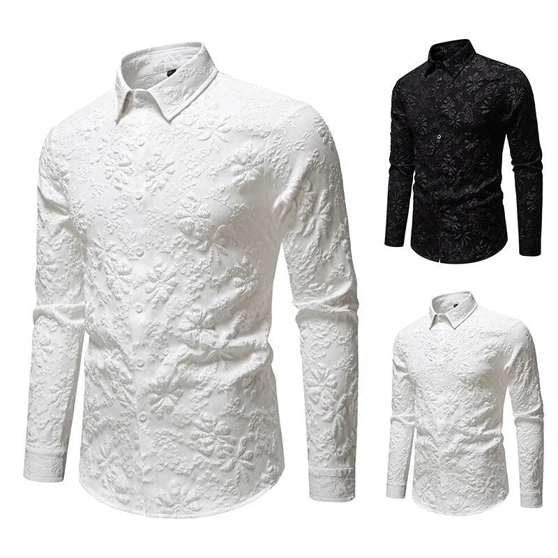 Men's floral jacquard long sleeve shirt, loose-fit cardigan style, solid colour in black, side view