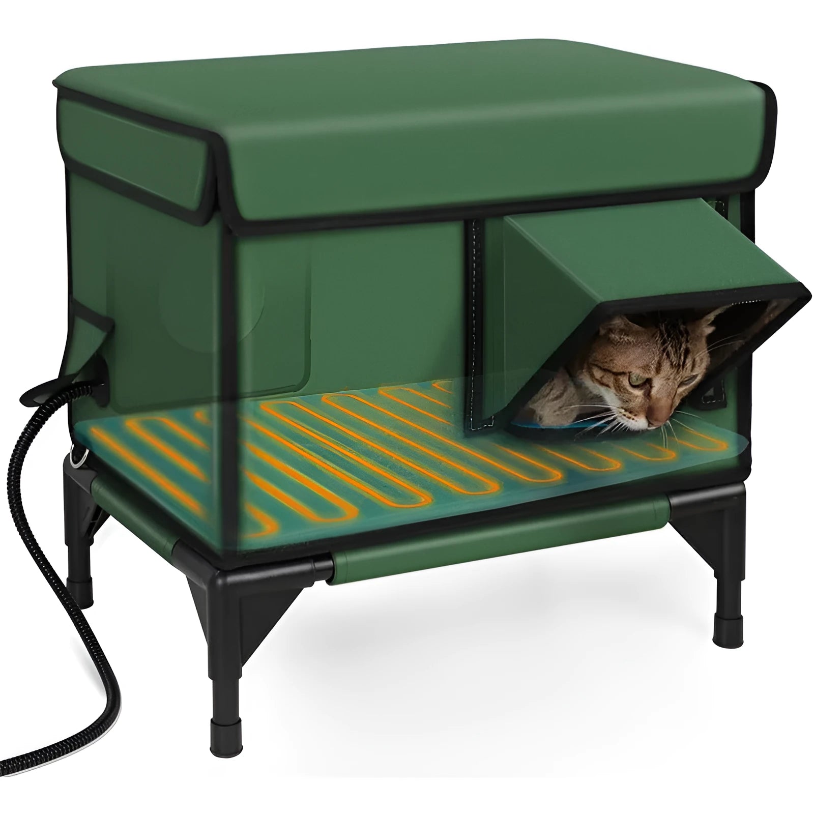 Green outdoor heated insulated foldable cat house made of 900D PVC with charger, available in S M L sizes