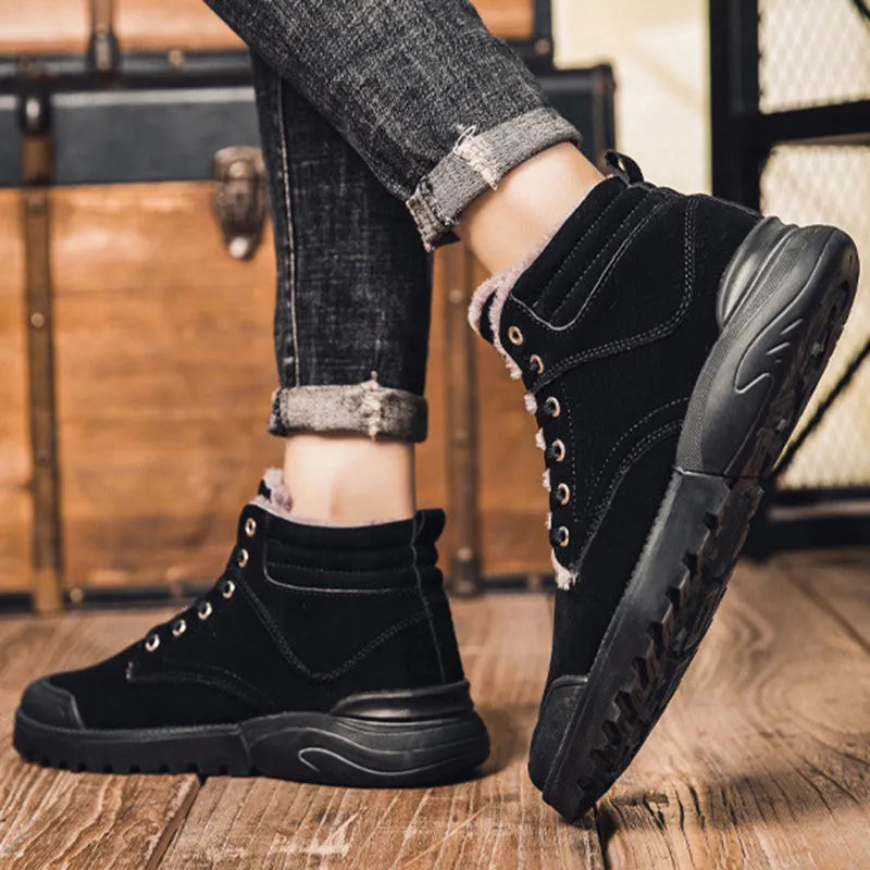 Men's winter ankle boots in matte suede with plush lining, rubber sole, and front tie closure