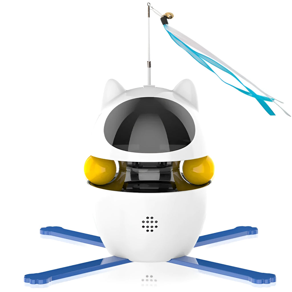 White electronic interactive cat toy with elastic rope attachment on flat surface