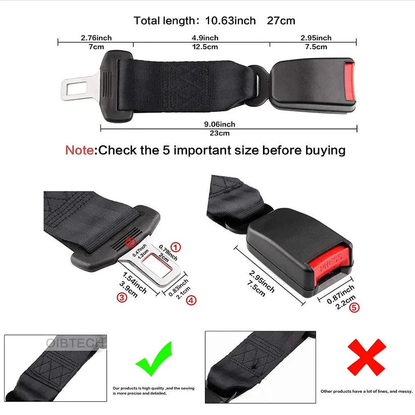 Black 36cm car seat belt extender for children and pregnant women with 21mm belt insert compatibility