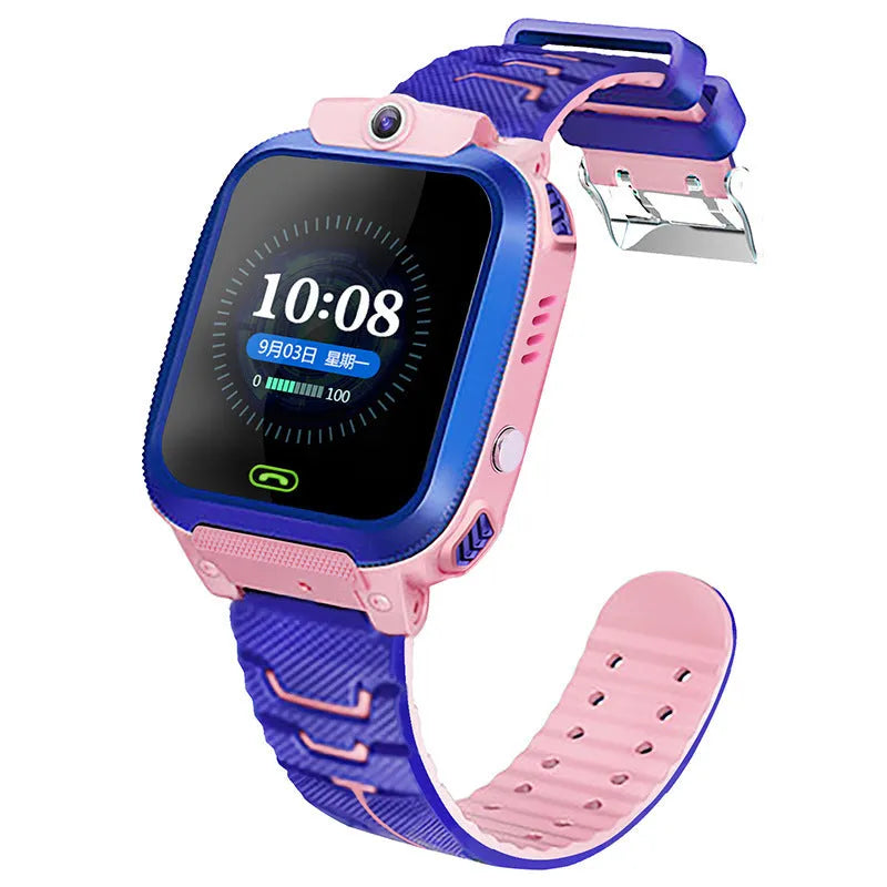 Blue children's waterproof smartwatch with a colour touch screen and silicone strap on a wrist.