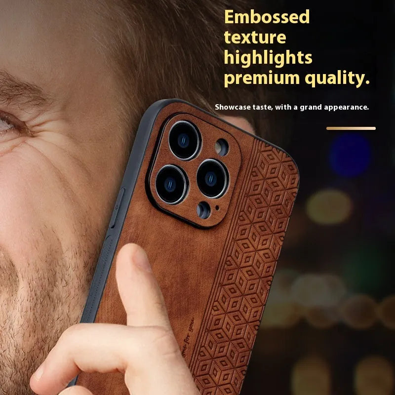 Imitation leather phone case with embossed pattern for Apple iPhone 14 to 17 series in blue