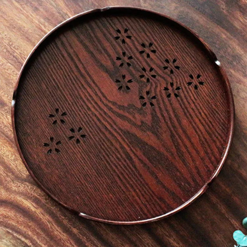 Wooden Japanese dessert plate with hollow cherry blossom design, 30cm diameter shallow fruit serving tray