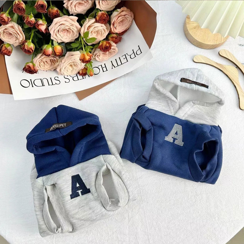 Blue and grey white slim-fit pet hoodie with reflective letters for dogs and cats