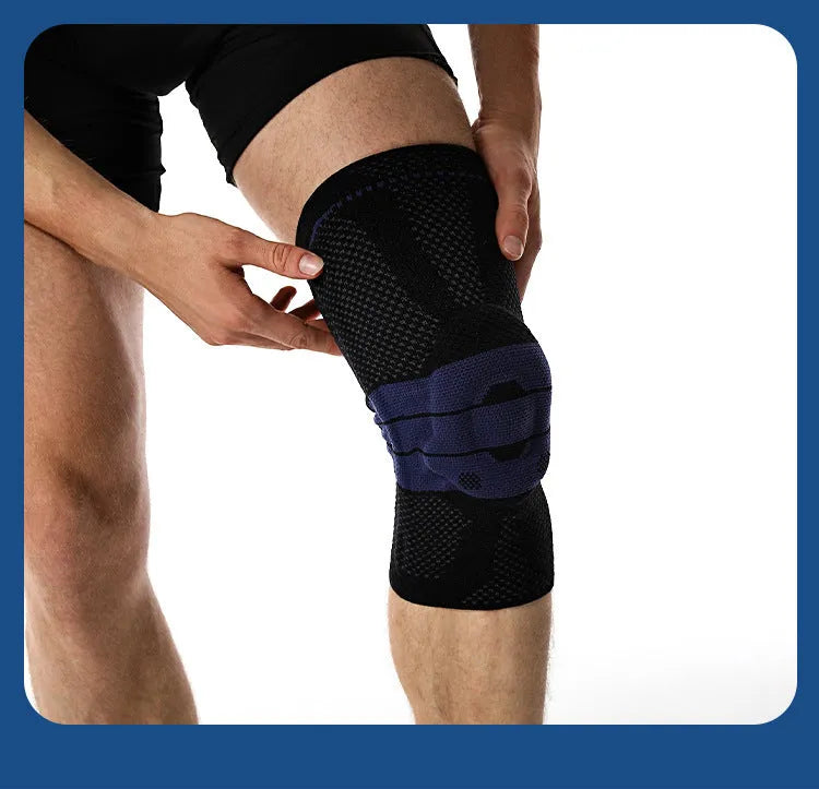 Adult sports kneecaps in black and blue colour, made from nylon and spandex material.