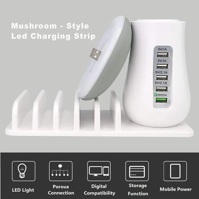 White 2-in-1 mushroom lamp USB charger with Qualcomm Quick Charge 3.0 on a wooden desk