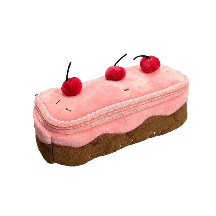 Cherry Cake coloured velvet plush pencil bag in Korean style on a surface.