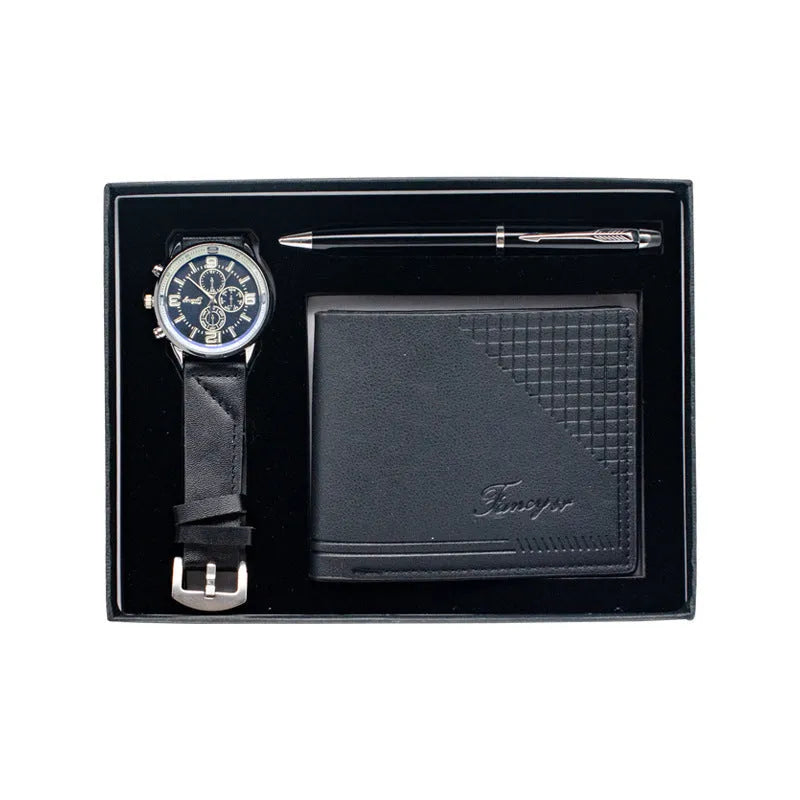 Brown and black wallet pen watch gift sets with modern simple style gift box packaging